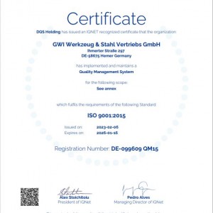 Certificate GWI Werkzeug & Stahl Vertriebs GmbH