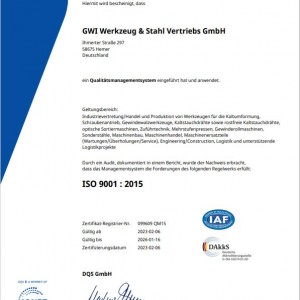 Zertifikat GWI Werkzeug & Stahl Vertriebs GmbH